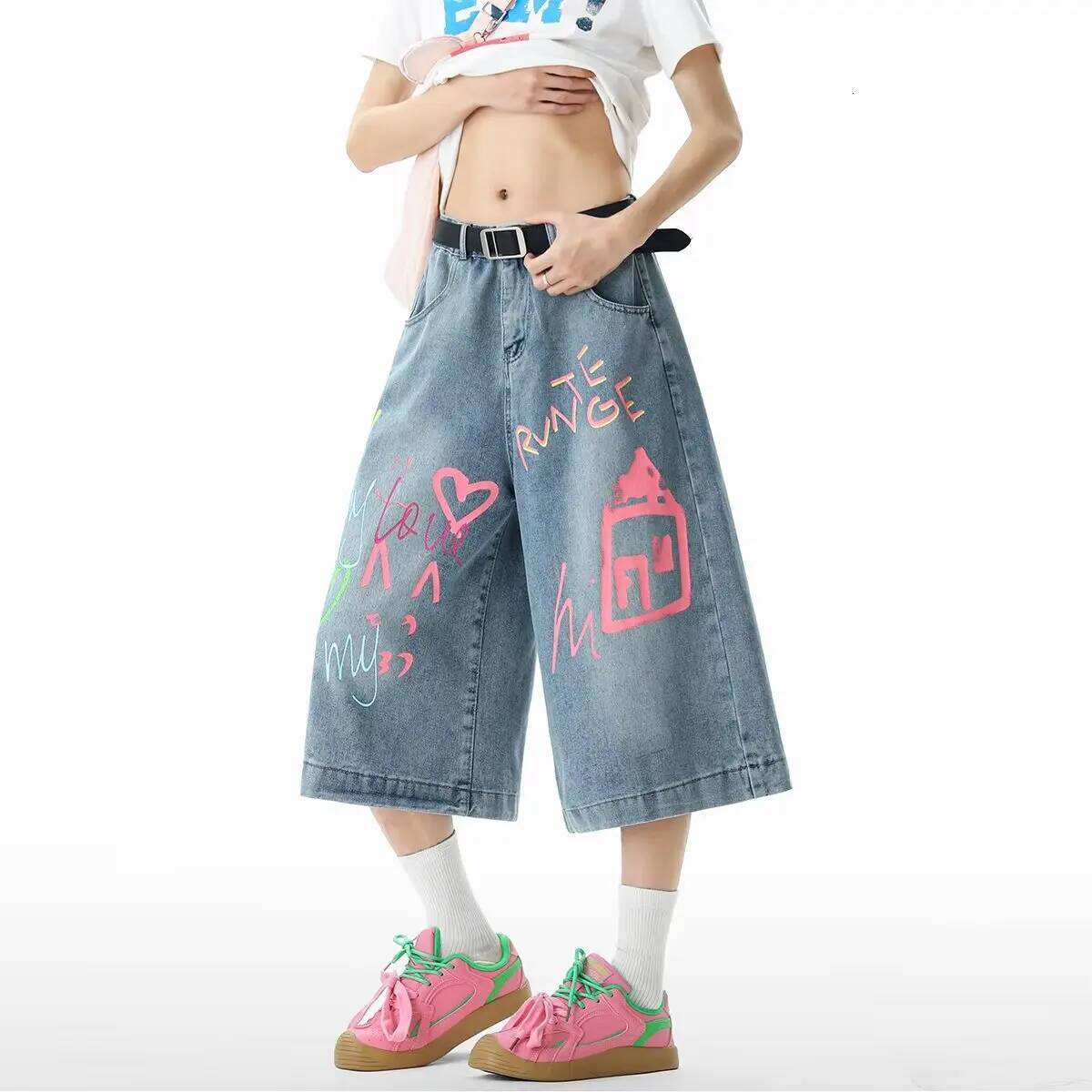 DM Streetwear Graffiti Jeans Men Summer Casual High Waist Calf Length American Retro Dopamine Wide Leg Denim Pants