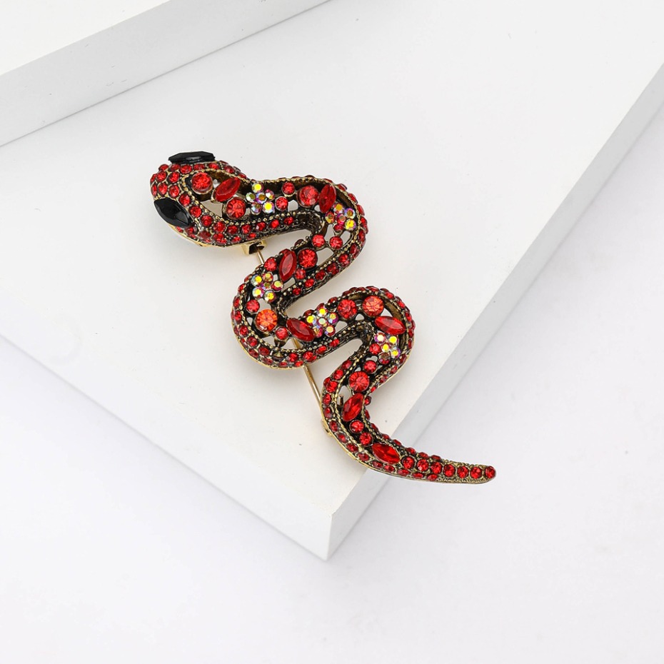 Gold Tone Red Rhinestone - Encrusted Snake Brooches Colorful Accents Bold Party Jewelry And Gift For Her High Quality And Stylish Jewelry
