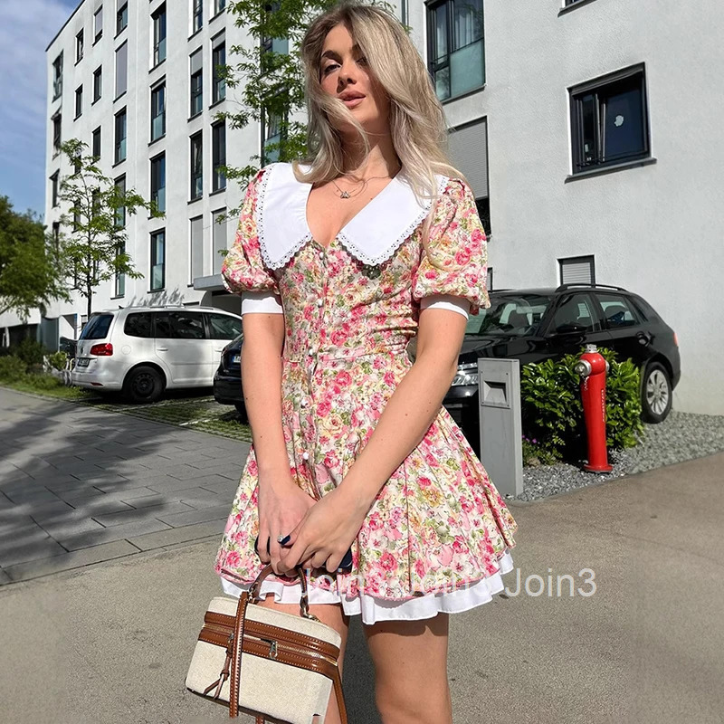 Talenza Contrast Print Dress Womens V Neck Puff Sleeve Single Breasted Pleated Dress Lady Chic Retro Holiday Party Slim Dress