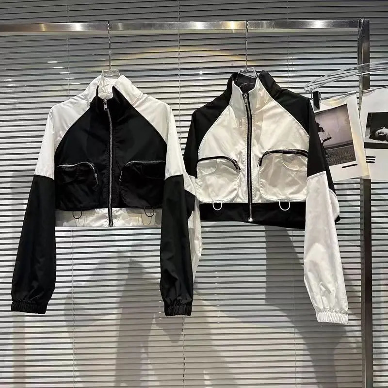 Bomber Jacket Women Spring Summer Short Jackets Streetwear 3D Big pockets black white Contrast Coat windbreaker outwear 250804