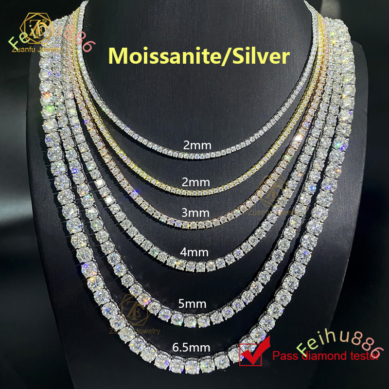 925 Sterling Silver VVS Moissanite Tennis Chain Pass Diamond Tester 2MM 3MM 4MM 5MM GRA Certificate Hip Hop Fine Chains Necklace