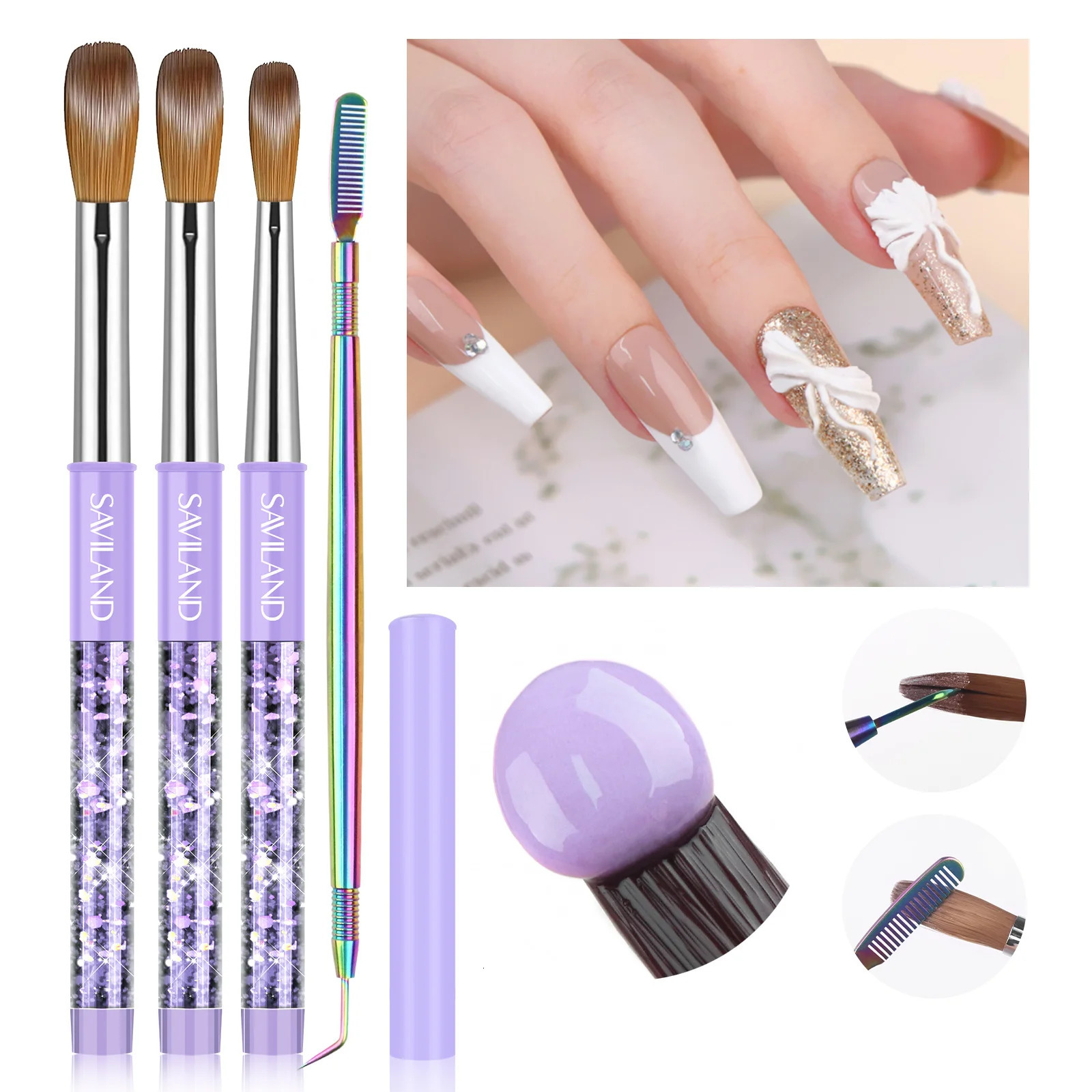 SAVILAND Kolinsky Acrylic Nail Brush Set 6#10#14# Purple Handle Manicure Brushes for Nail Extensions 3D Carving 250730