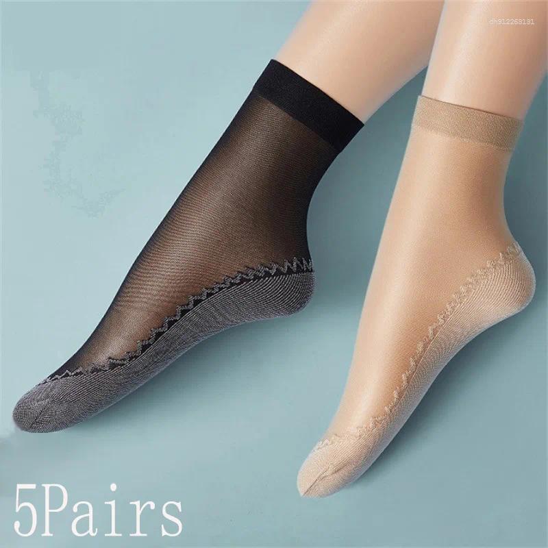 Women Socks 5 Pairs/Lot Women's Spring Summer Soft Thin Silk Non-Slip Bottom Splice Fashion Transparent Ladies Breathable Sock
