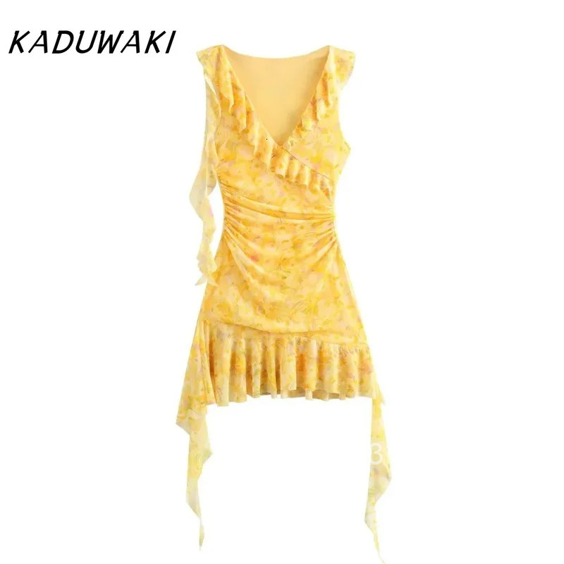 KADUWAKI French Summer New Product Womens Fashion Vestidos Slimming Fold Decoration Printed V-neck Silk Mesh Short Dresses Y2k