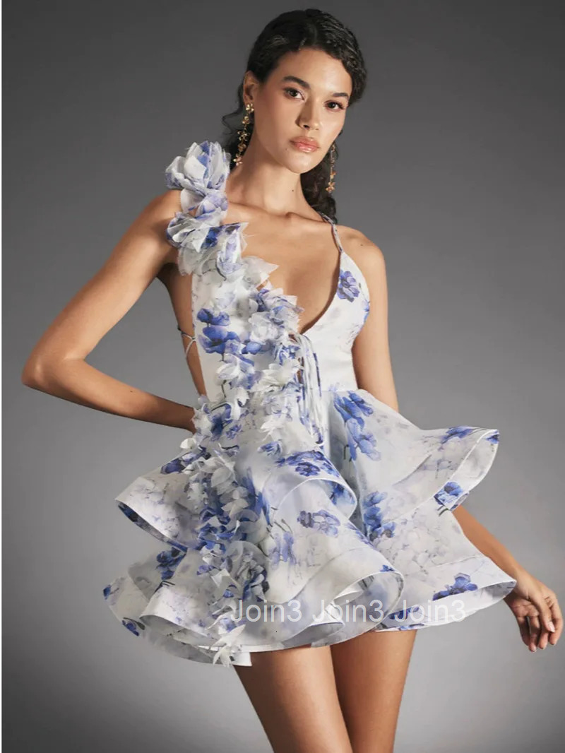 Sexy Flare Sleeve V Neck Printed Mini Dress Pleated A-line High Waist Gown New Lady Summer Evening Party Club Vestidos BBQ7