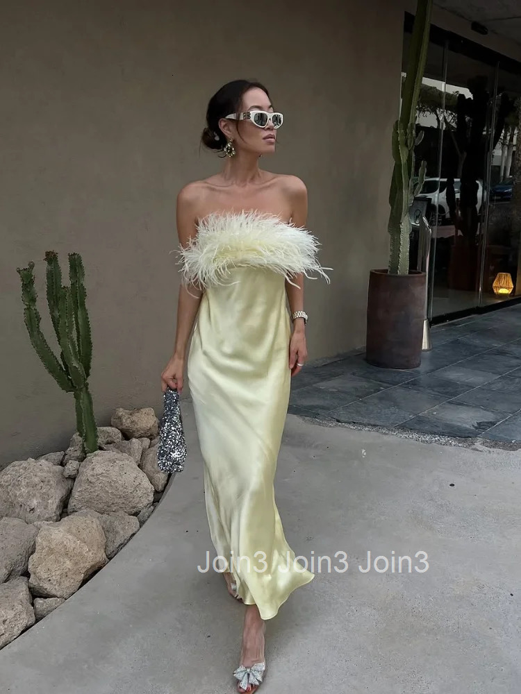 Feather Splicing Stain Strapless Dress Women Elegant Backless Slim Fit High Waist Robes Lady Summer Evening Party Vestidos