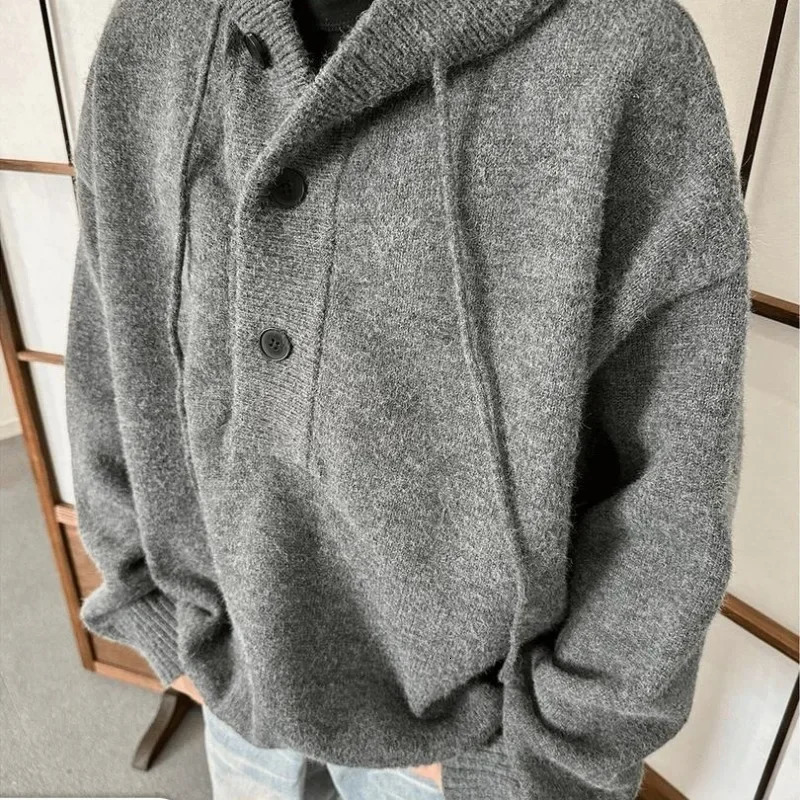 Classic Gray Hooded Sweater Mens Fall Winter Loose Knit Sweater Pullover Button Knitwear Coat Men Knitted Pullovers 250708
