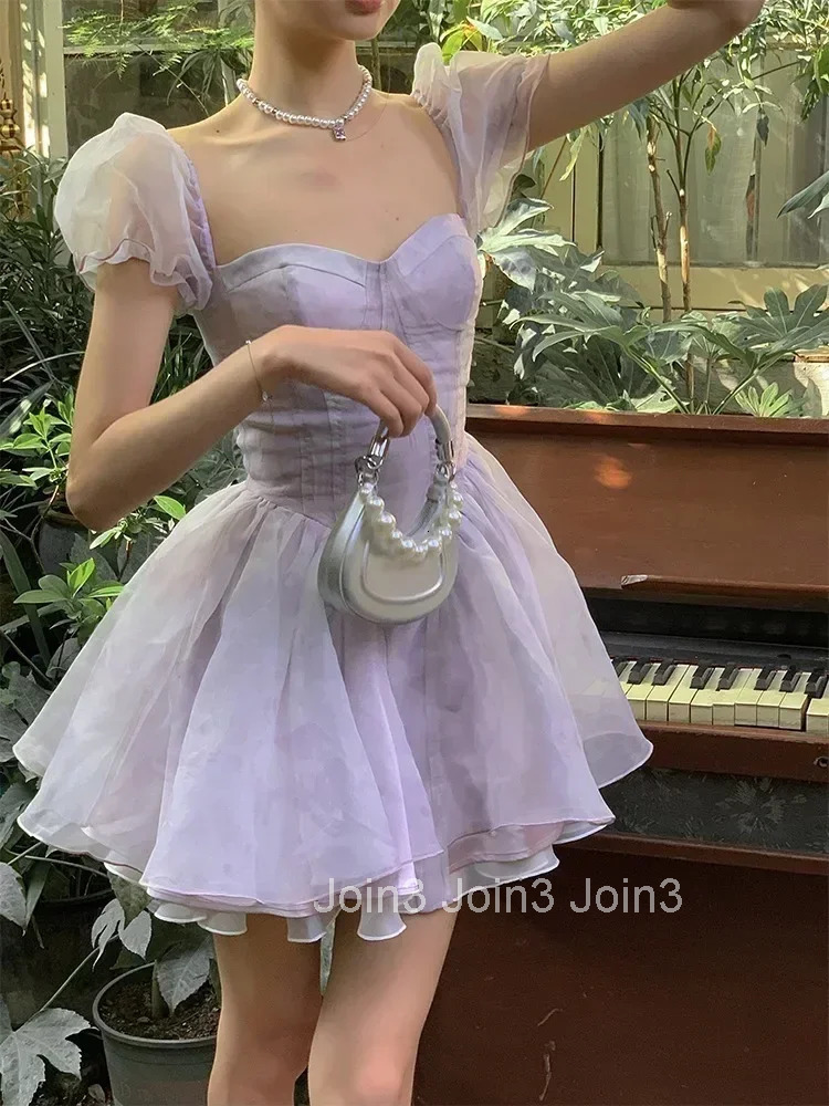 Tie Dyed Bubble Sleeves Dress Summer Girl Birthday Bra Purple Blue Princess Puff Dress Y2k Girl Womens Clothing