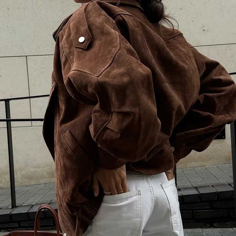Vintage Brown Lapel Irregular Short Loose Jacket Autumn Winter Streetwear European American Women Outerwear Fashion Casual Tops Z250804