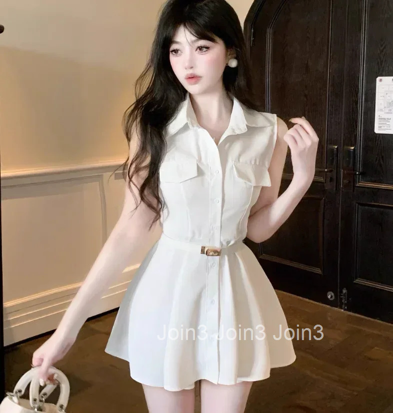 Gagarich French Tank Top Shirt Dress Women Summer White Design Sense Niche Waist Small Figure A-line Short Vestidos