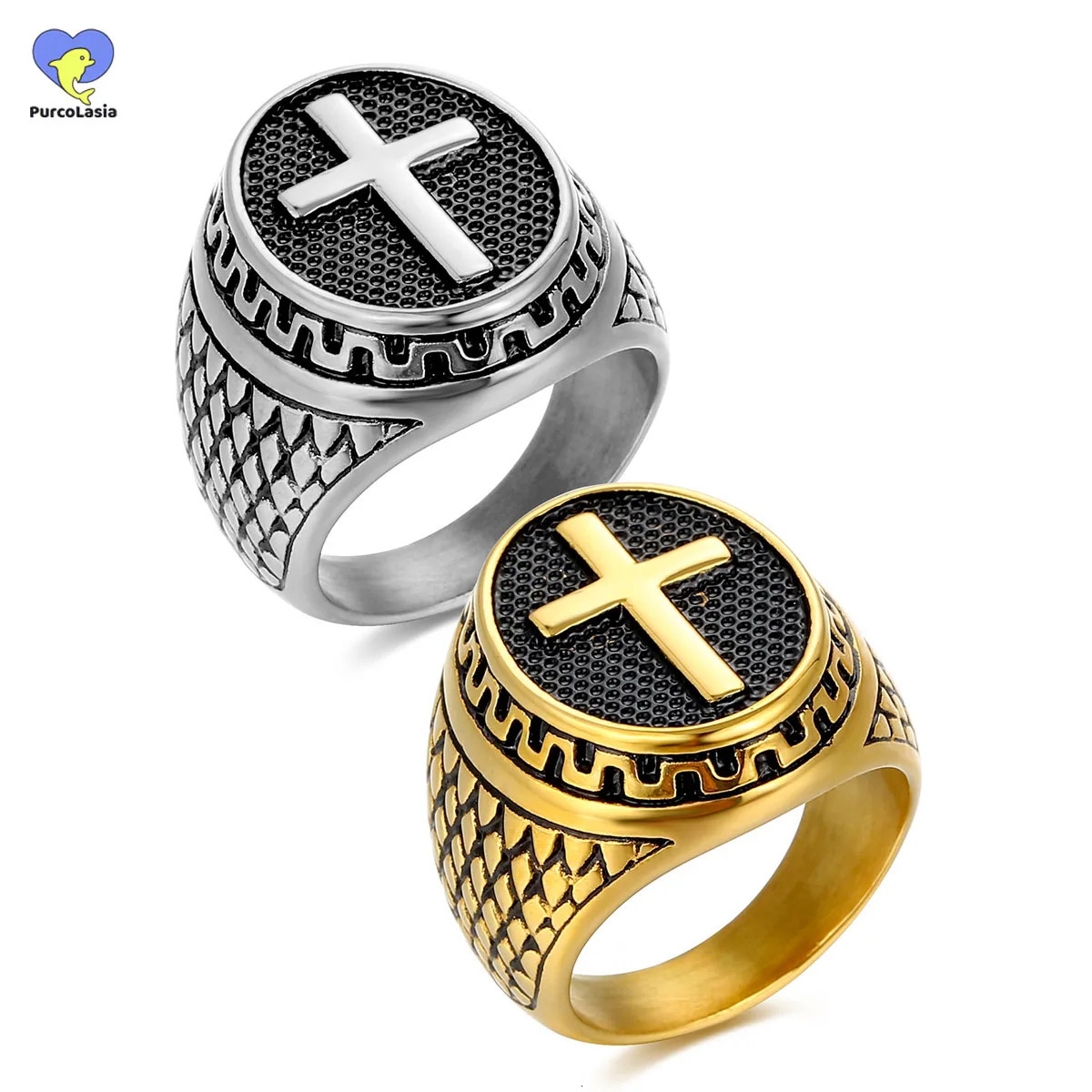 Purcolasia No Rusted High Quality Stainless Steel Hip Hop Cross honeycomb n Ring for Men Punk Rings Waterproof Jewelry 250729