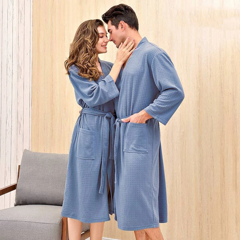 Spring Summer Thin Bathrobe Robes Honeycomb Pajamas Fresh Casual Wear Seven-point Sleeve Waffle Couple Pajamas Home Clothes 250801