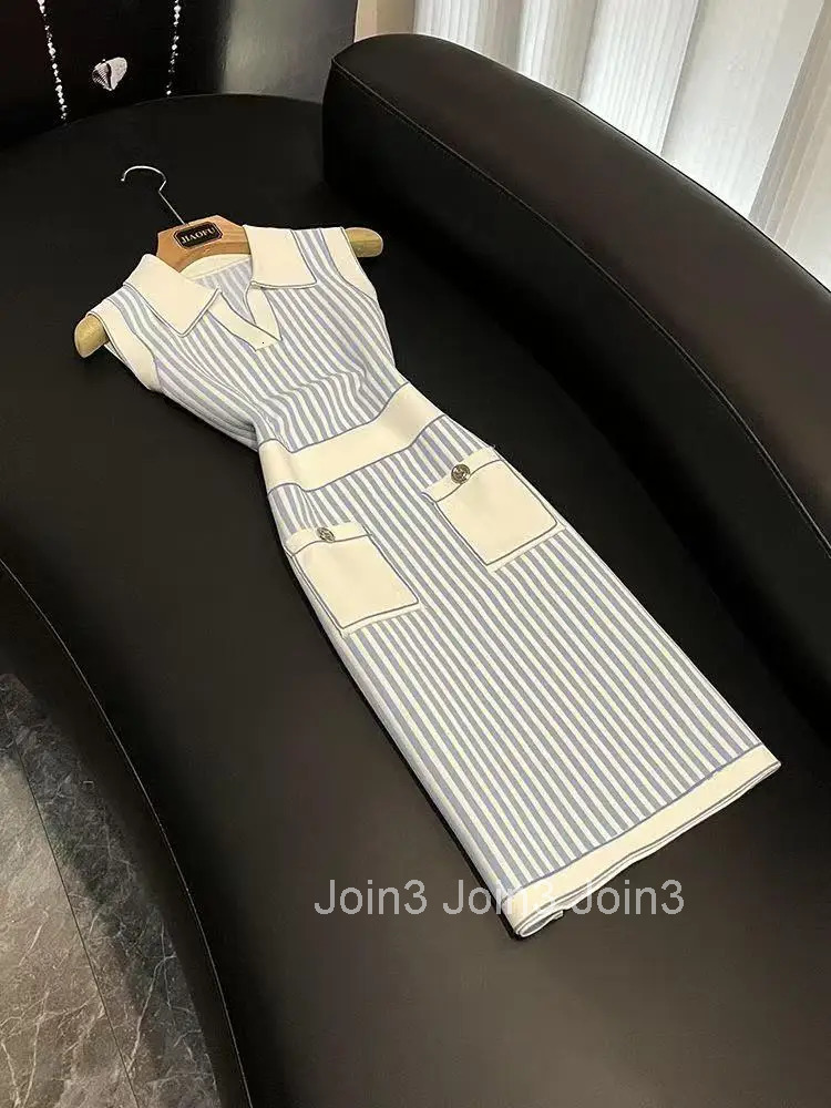 Summer New Fashion Striped Knitted Dress For Women Polo Neck Sleeveless High Waist Slim Dress Casual Office Lady Vest Dress
