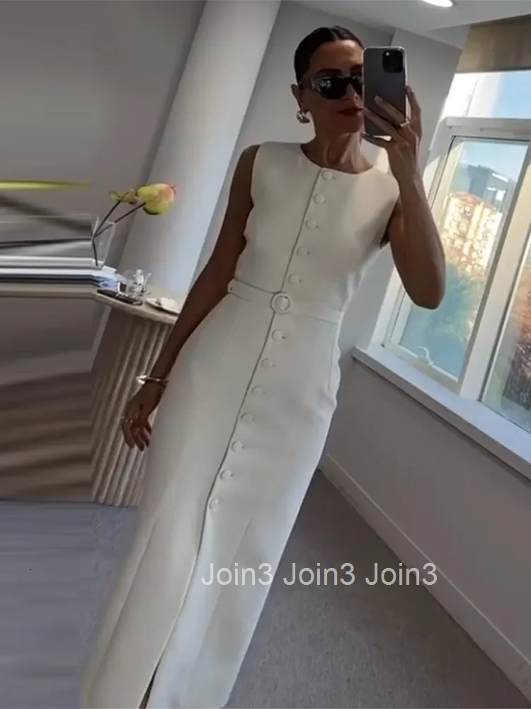 Women Long Dress Summer Casual Simple Solid Sleeveless Round Neck Single Breasted Dresses Nipped Waist Lace Up Robe Office