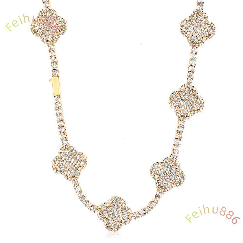 New Arrival Hip Four Leaf Diamond Tennis Chain Necklace Jewelry Iced Out Gold Plated Tennis Bracelet for Men Women