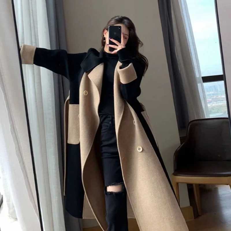 New Autumn Winter Women Coat Color Matching Turn-down Collar Double-breasted Mid Length Lady Coat Double-sided Female Overcoat Z250804