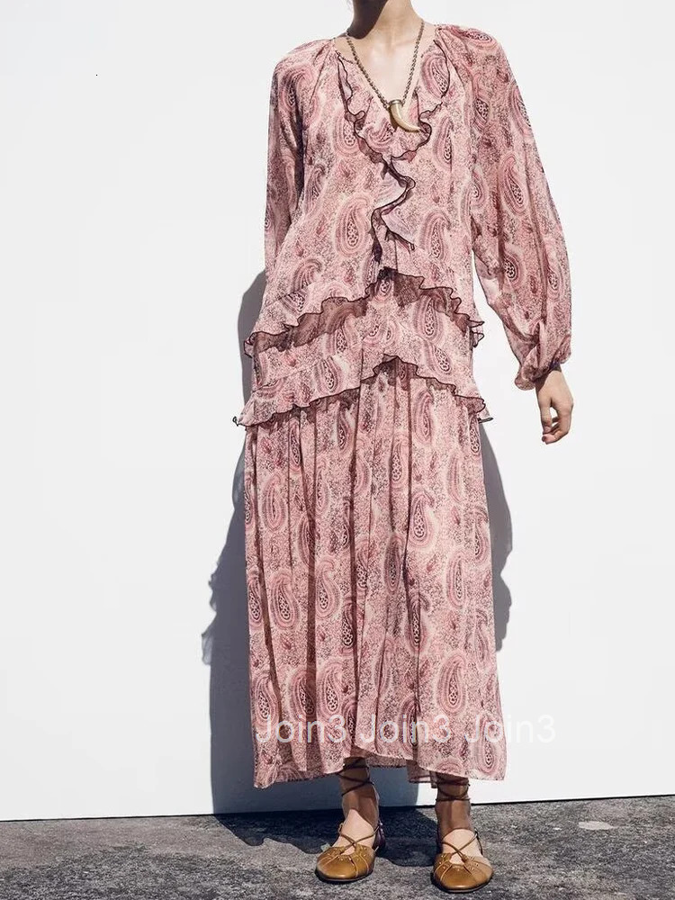 European and American style womens summer new fashion casual temperament layered decoration ruffle print long sleeve dress