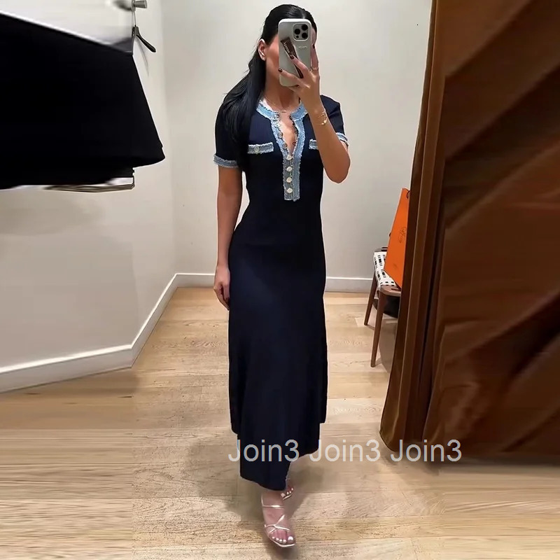 New Women Buttons Denim Splice Knit Midi Dress Short Sleeve Female Simple O-Neck Slim Long Robe