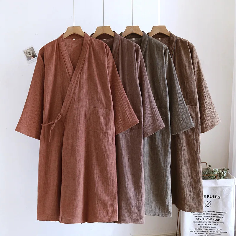 Cotton Kimono Robes with Pockets for Mens Spring and Summer Thin Sleepwear Clothes Oversized Yukata Sweatshirt Bathrobe 250801