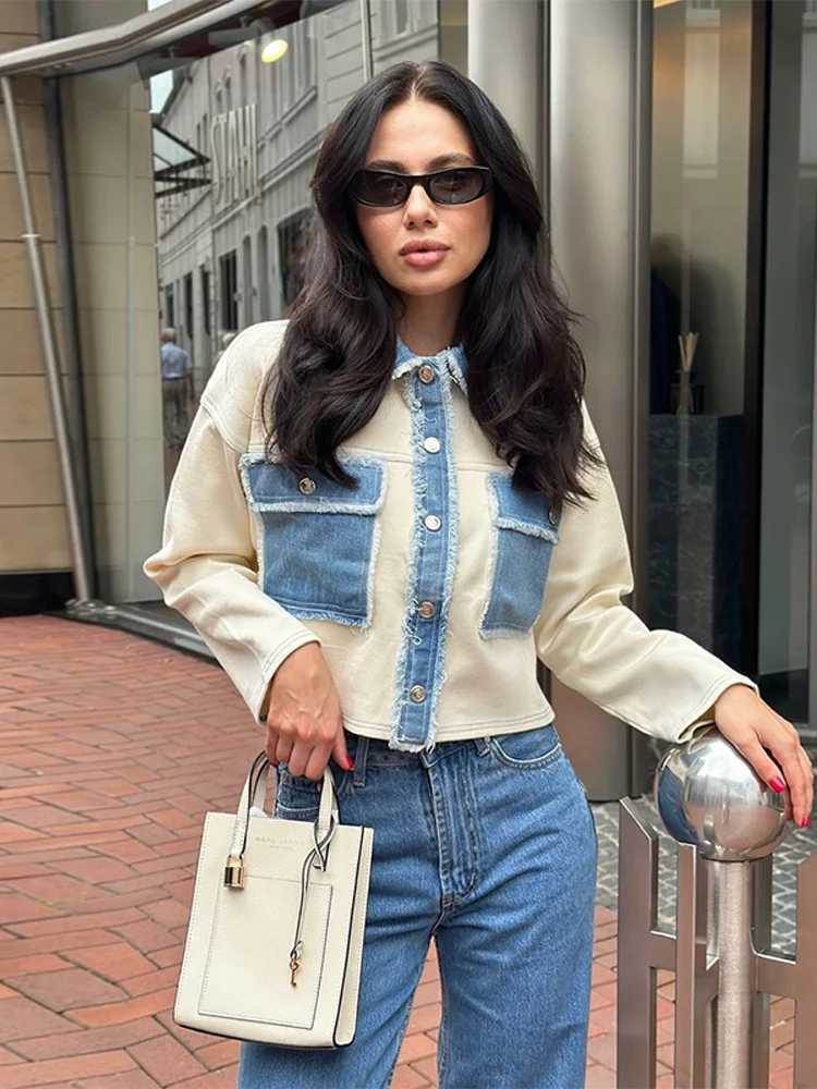 2K Women Denim Patchwork Jacket Coat Lapel Long Sleeves Jeans with Pockets Spring Casual Lady Denim Coats Designer Outerwear Top Z250804