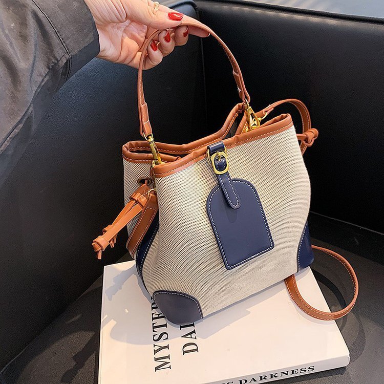 Free Shipping Designer Luxury New Korean Fashion Women's Handbag Bucket Bag Trendy Canvas Color-block Textured Crossbody Bag Casual Shopping Ba