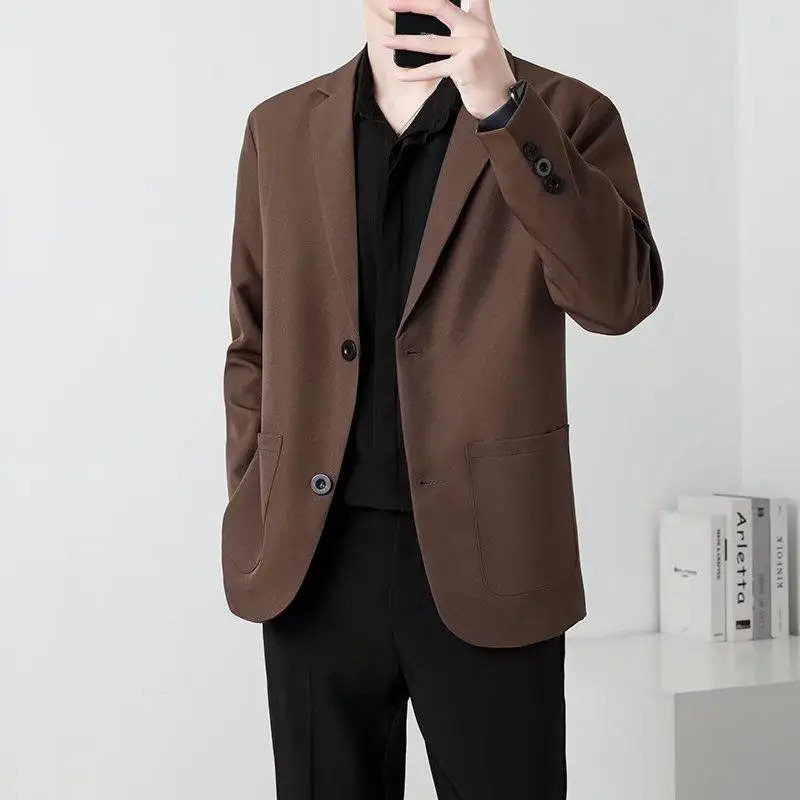 Men Suit Jackets Blazer Coat Slim Fit Smart Casual Autumn Fashion Clothing Two Buttons Solid Color Korean Black/Khaki/Coffee 250801