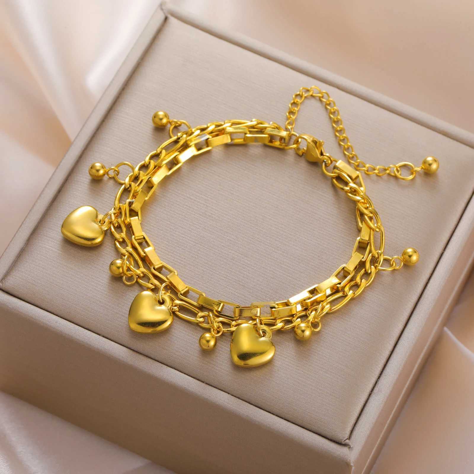 Skyrim Heart Beads Charm Bracelet Stainless Steel Gold Color Double Layer Chain Bracelets Trend Women Jewelry Mothers Day Gift XJ250804