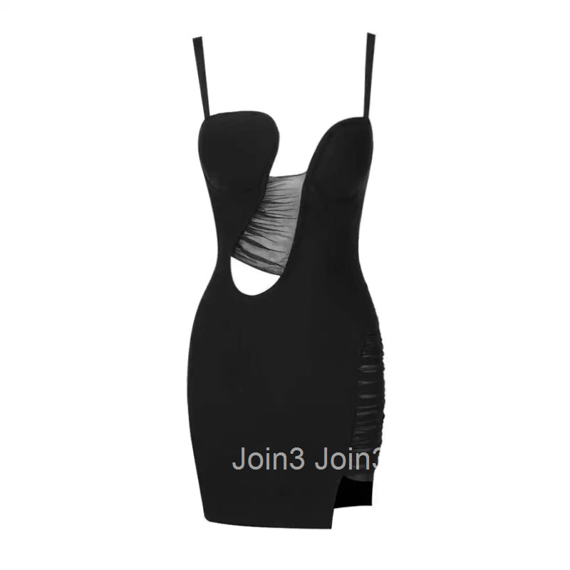 Womens Sexy Sleeveless V Neck Mesh Patch Bandage Dress Spaghetti Strap Hollow Mini Bodycon Dress Celebrity Party Dress