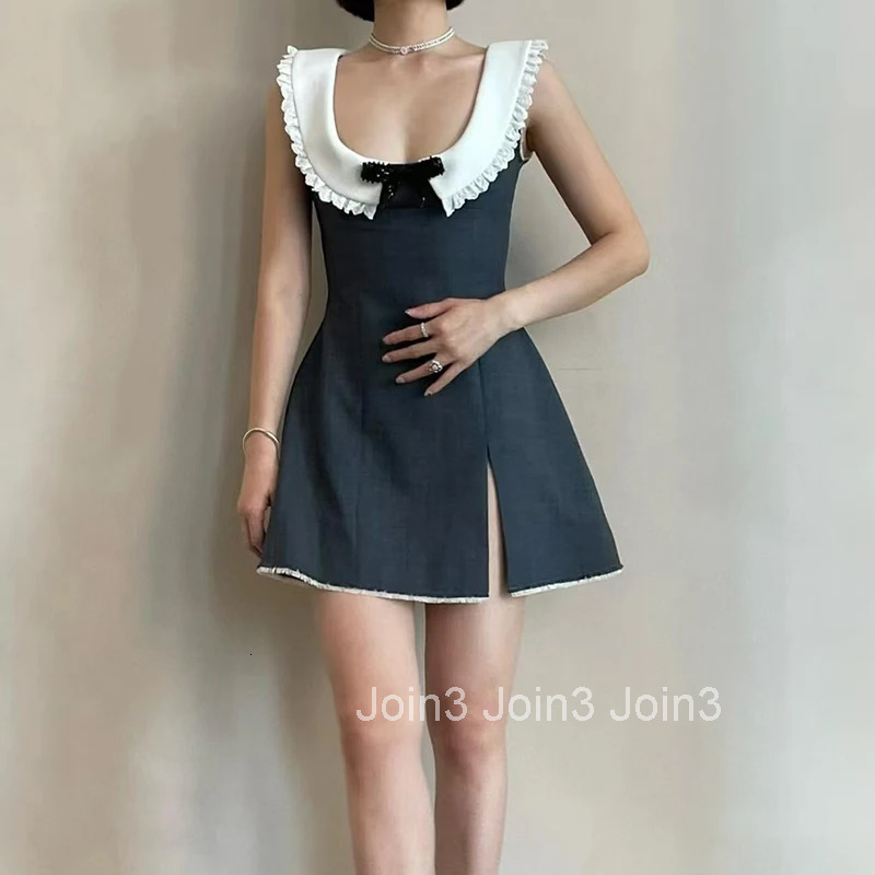 Womens U Neck Bow Tops Dress Sleeveless A-Line Dress Clashing Lace Tank Short Dress High Quality Summer New