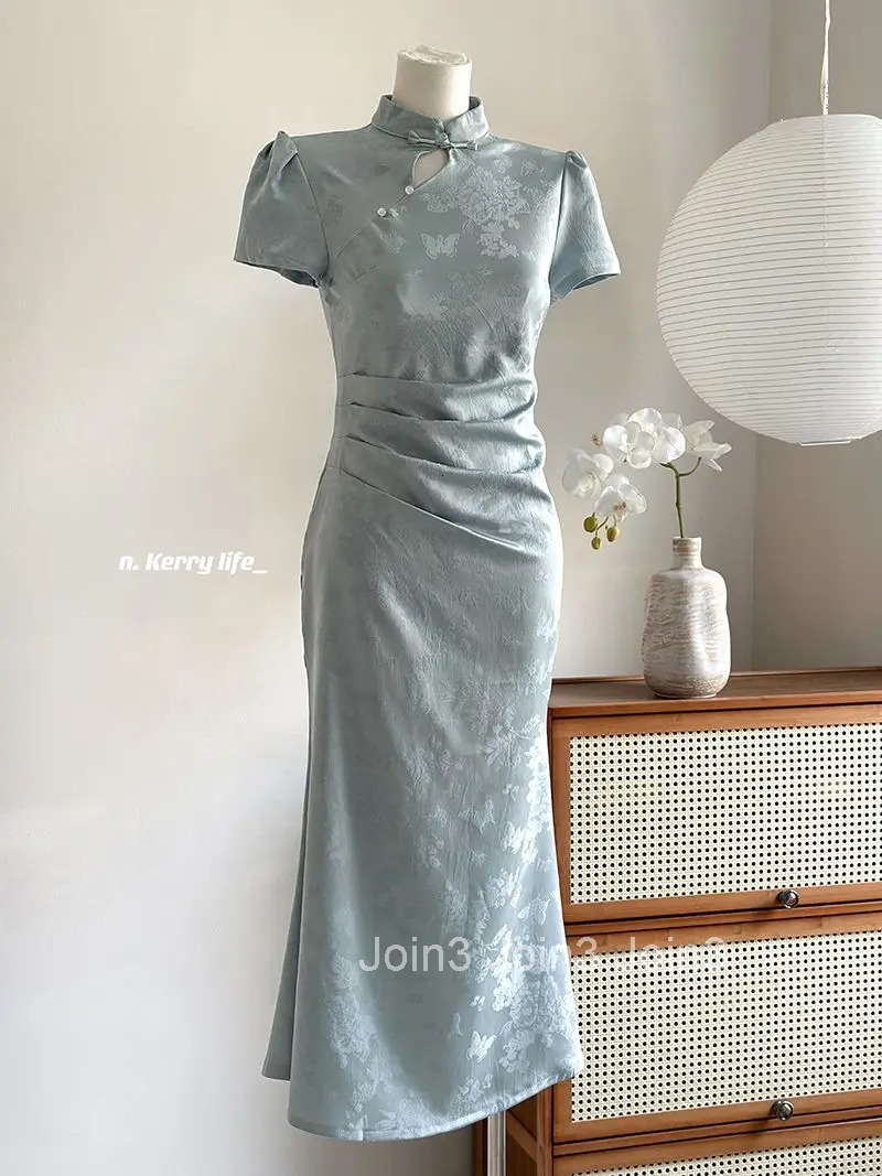 New Chinese Retro Temperament Cheongsam Women Summer Dark Pattern Jacquard Waist-hugging Short-sleeved Dress