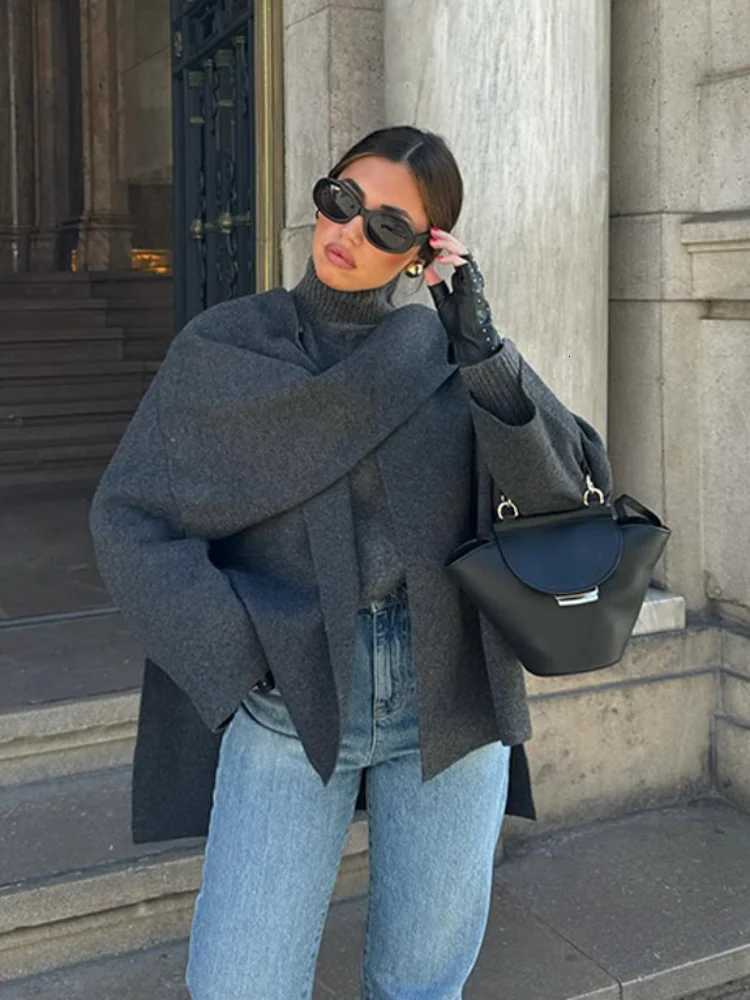 Autumn Winter New Female Cape Solid Long Sleeve Knitted Coat Fashion Scarf Collar Warm Women Short Jacket Elegant Streetwear Z250804