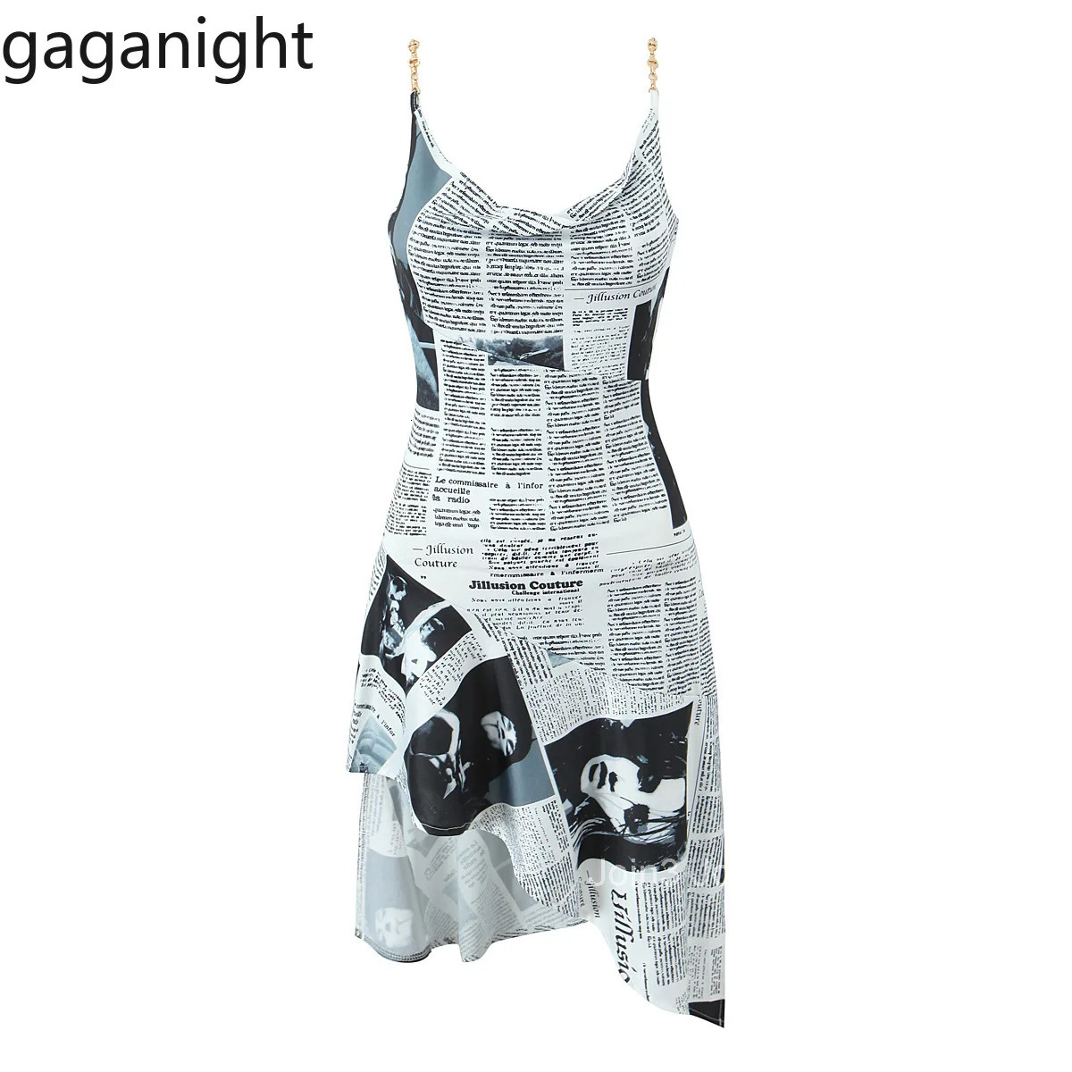 Gaganight Autumn Winter New European American Style Irregular Temperament Hem Newspaper Printed Women Camisole Dress