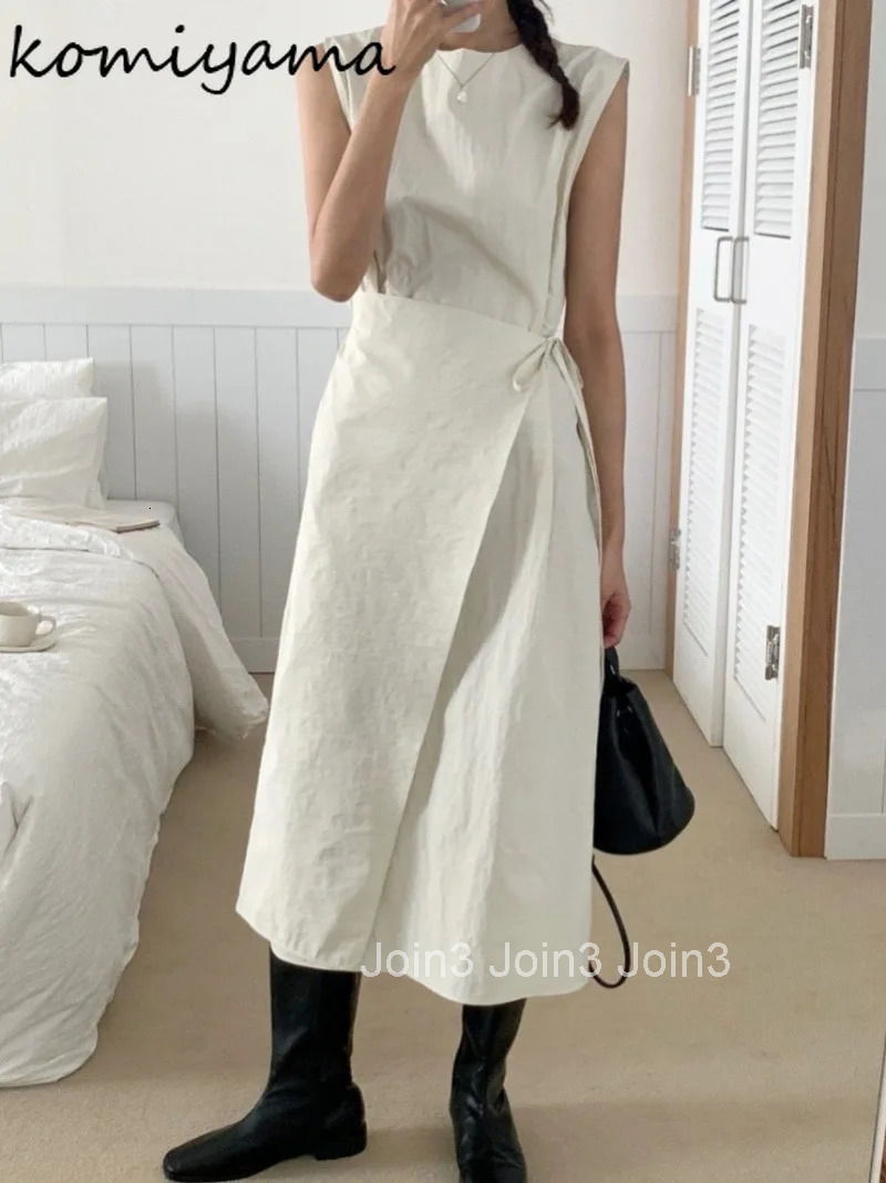 Korean Chic Lace-up Bow Vestidos Round Neck Sleeveless Women Dress High Waist Vestido Summer New Dresses Irregular Robes
