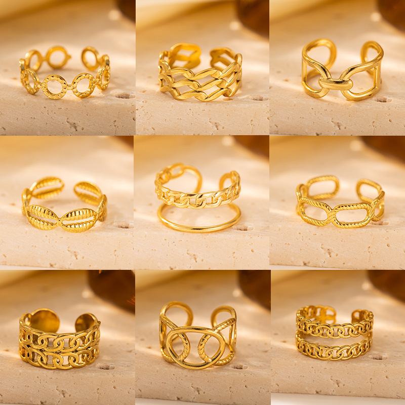 Free Shipping 2025 New Designer Jewelry Titanium Steel Chain Ring Hot Selling Fashion Hollow 18K Gold Stainless Steel Chain Open Adjustable Ring