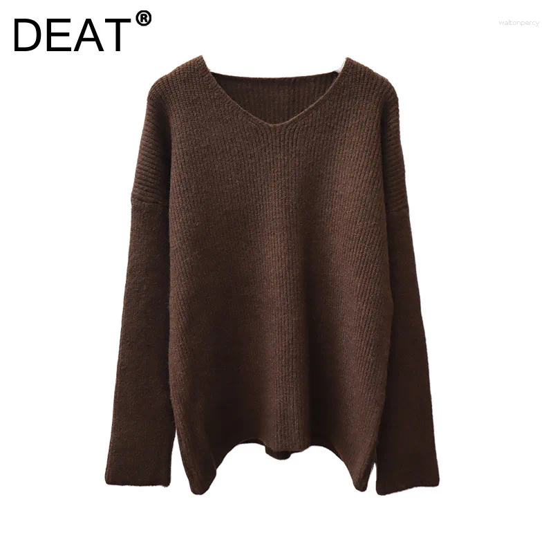 Women's Sweaters DEAT Pullover Knitting Loose Solid Color Minimalist Style Casual Long Sleeve Sweater 2025 Autumn Fashion 29A2617
