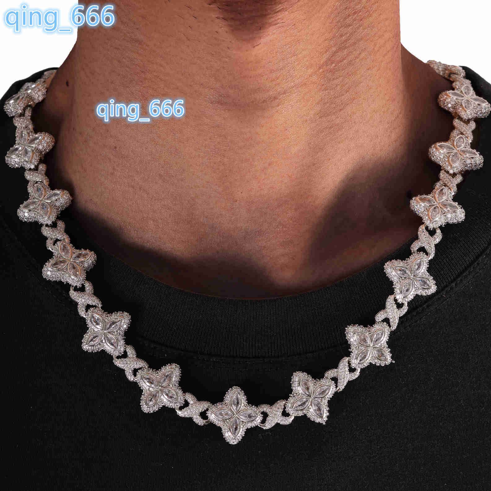 Sparkling Bling Hip Hop 12mm White moissanite chain Clover Bracelet Necklace Brass Fashion Flower 5A Diamond Cuban Chain