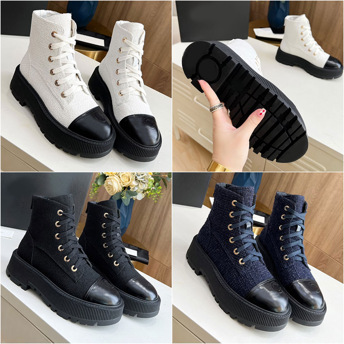 Womens luxury designer boots desinger shoes women martin boots ankle booties low heels mid-calf boot tweed 25ss fall winter shoes lace platform heel