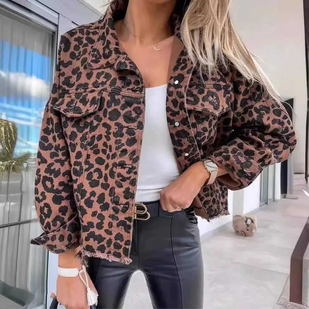 Denim Coats Women Single Breasted Coat Leopard Print Turn Down Collar Y2k Streetwear Jackets Temperament Splice Jacket 2025 Z250804