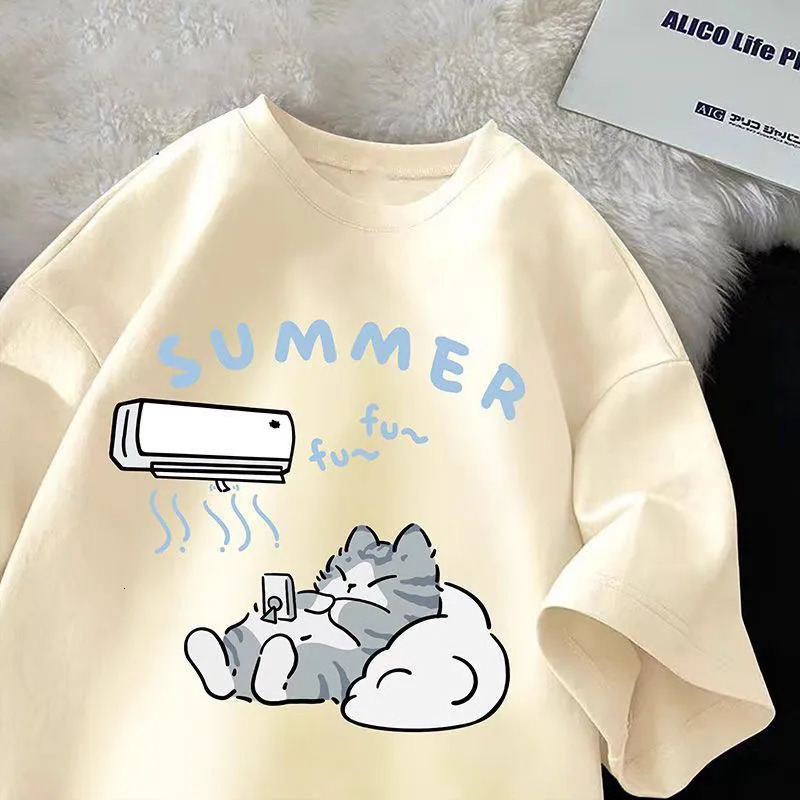 Summer Japanese Cartoon Cute Cat Fun Print Short Sleeve Tshirt Womens Loose Casual Half Soft Bottom Plus Size Shirt Top 250724