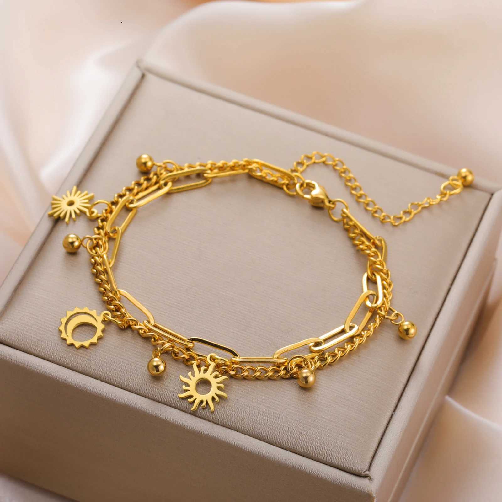 Skyrim Sun Moon Charm Bracelet Women Stainless Steel Gold Color Double Layer Chain Bracelets Trend Jewelry Gift Wholesale XJ250804