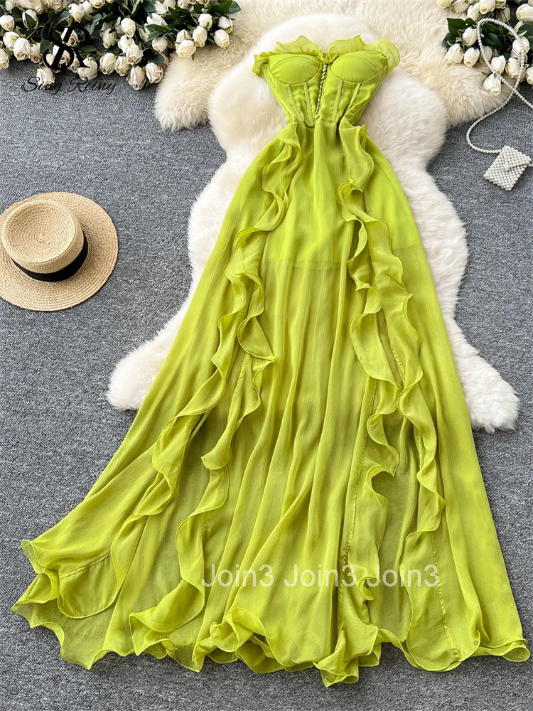 SINGREINY Summer Strapless Party Maxi Dress Ladies Ruffles Design Backless High Quality Frence Senior Gentle Split Long Sundress