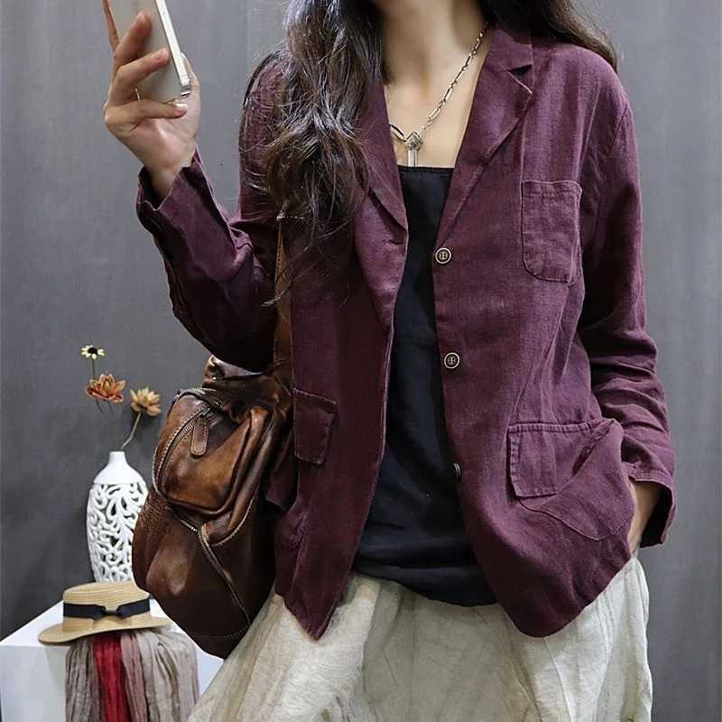 Literary Spring Summer Hemp Jacket Women Long Sleeves Single Breasted Breathable Cotton Linen Coat Casual Outwear Z250804