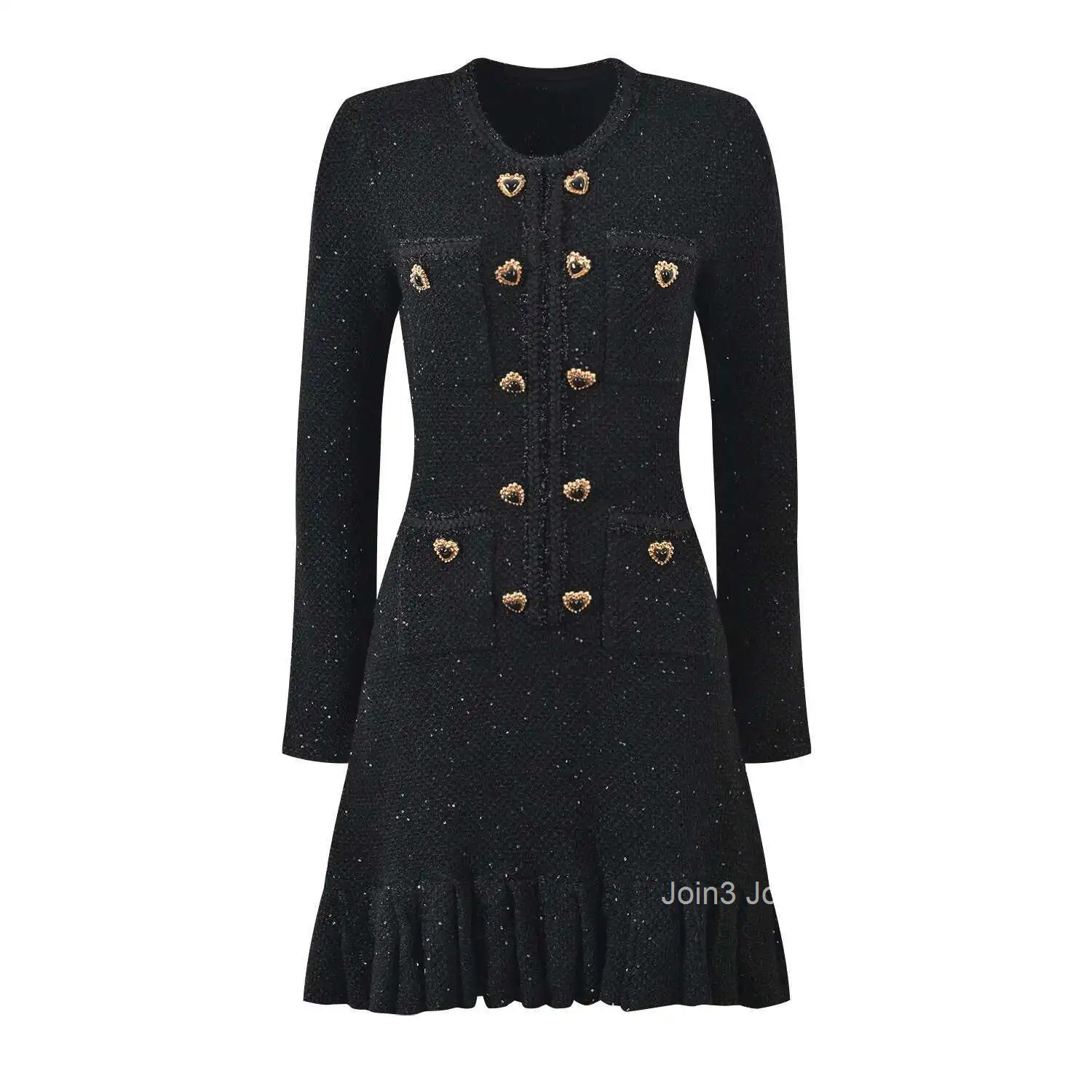 Quality Autumn Winter Heart Shape Button Knitted Short Dress Women Long Sleeve Mini Prom Evening Dresses Sweater Knitwear