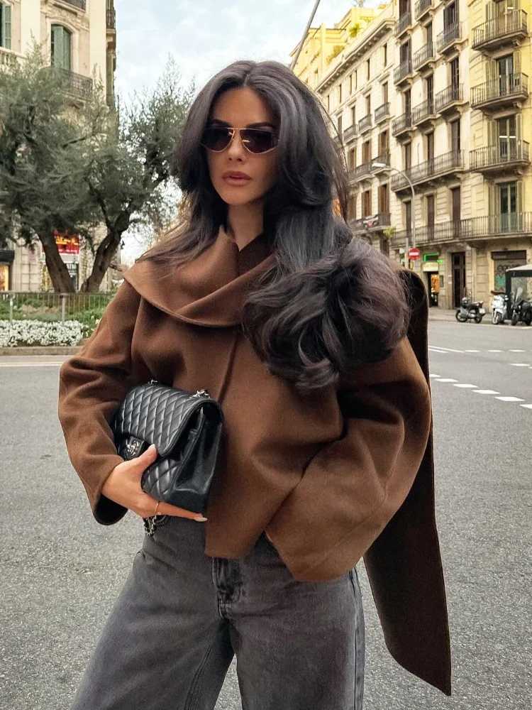 3ZBA Womens Knitted Warm Asymmetric Layered Jacket O-Neck Single Buckle Solid Shawl Loose Overcoat Autumn Winter New Chic Coat Z250804
