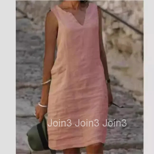 New Pure Color V-Neck Sleeveless Large Size Casual Linen Dress Comfortable Breathable Womens One-Piece Summer Dresses