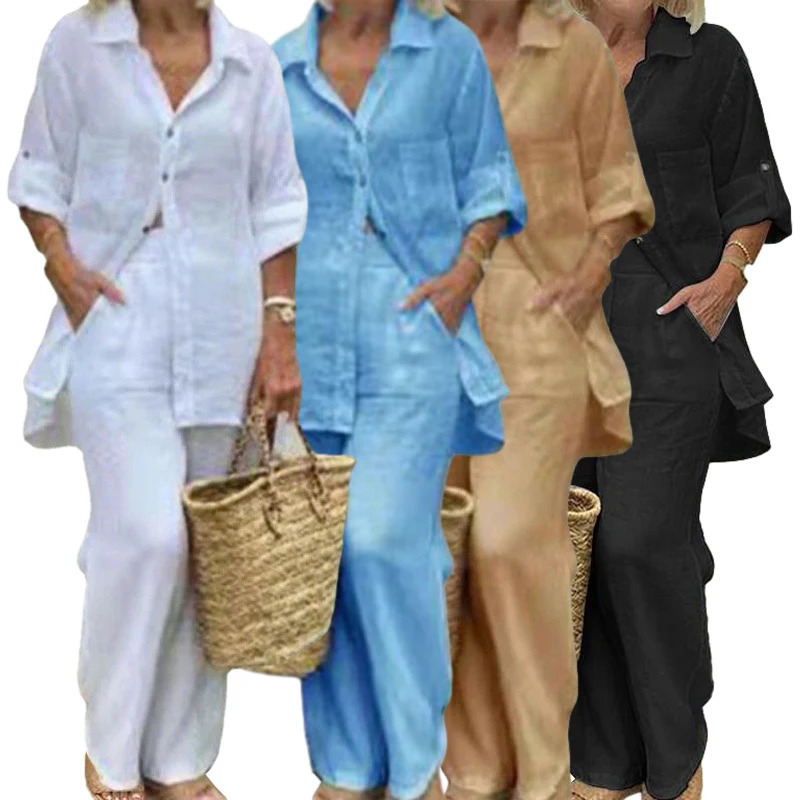 Cotton Linen Suit Womens Tracksuit Oversize Shirt Loose Pants Set Female Trendy Daily Casual Fashion Ladies 2 Piece Sets 250728