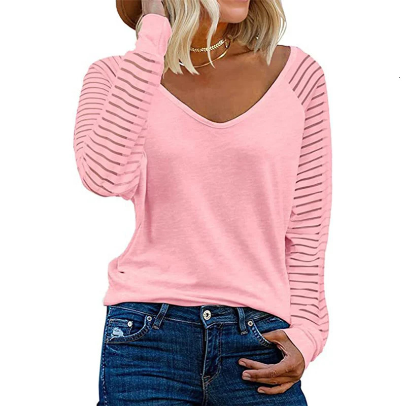 Fashion See-through Striped Long Sleeve T-Shirt Female Autumn Loose V Neck Pullover Tops Women Solid Color Casual Tees 250728