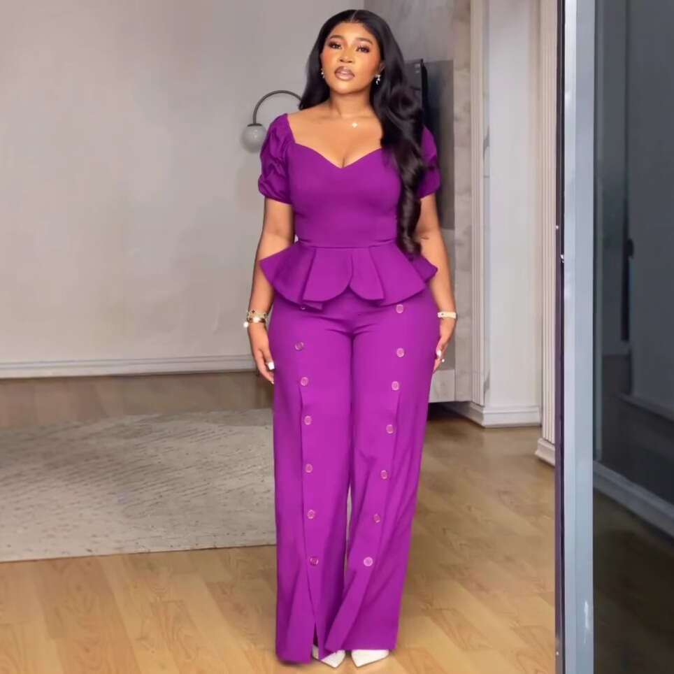 Women's Fashion Square Neck Short Ruffle Top Button Solid Color Pants New Elegant Stylish Two-Piece Set B5