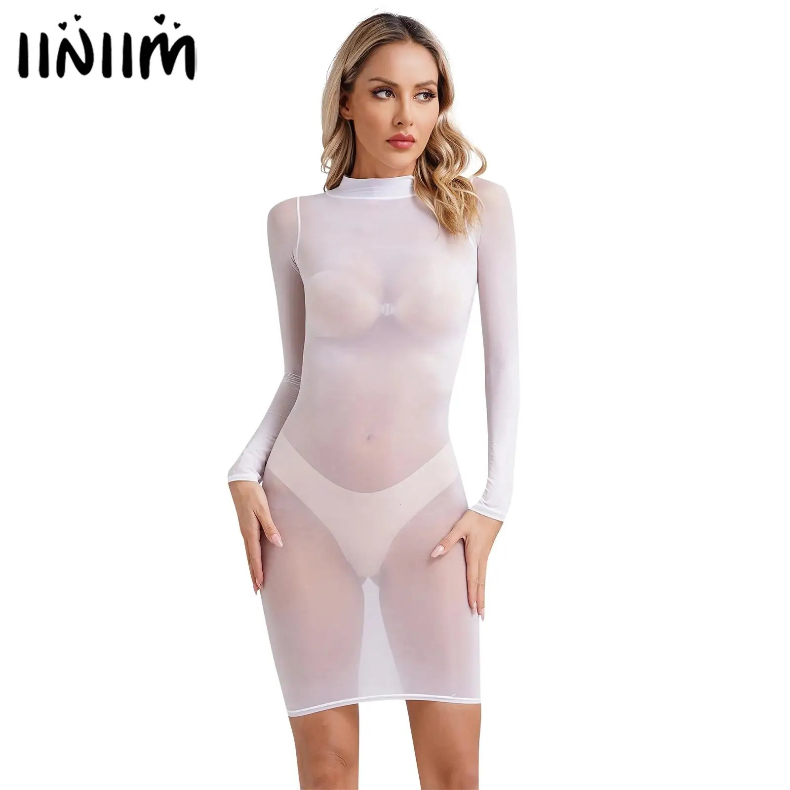 Sexy Womens See Through Bodycon Dress Clubwear Round Neck Long Sleeve High Stretchy Dress Solid Color Sexy Lingerie Dress