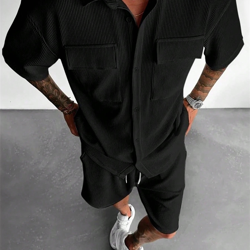 Mens summer corduroy casual suit versatile solid color vacation style shortsleeved shirt jacket sporty five quarter pants 250724